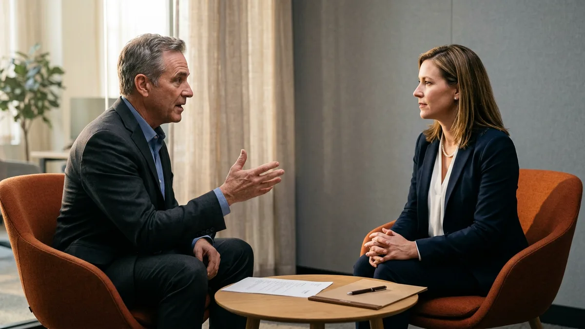 Hiring manager and Chief Revenue Officer candidate talking across a small table during a final-stage executive interview