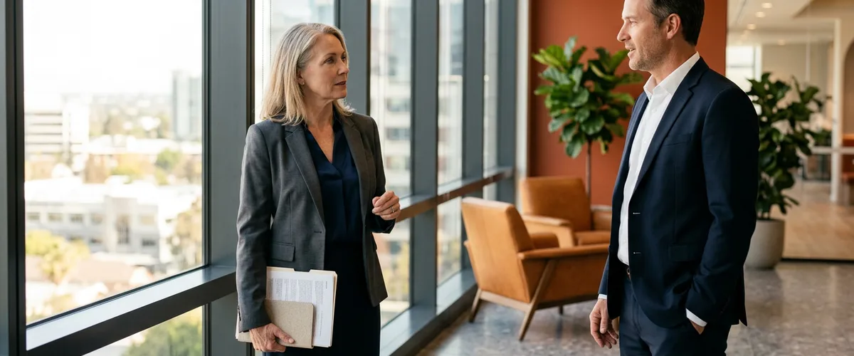 Two senior executives in conversation beside an office window while scoping a Chief Revenue Officer search