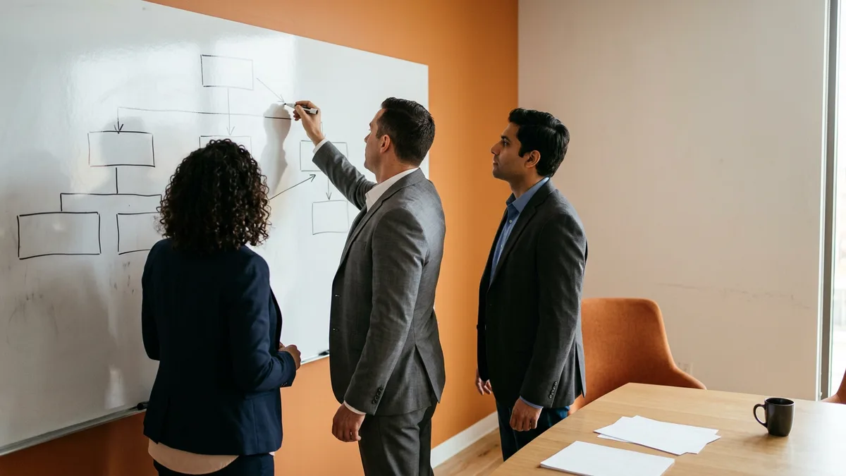 Three business leaders drawing the revenue organization chart on a whiteboard before writing a Chief Revenue Officer requisition