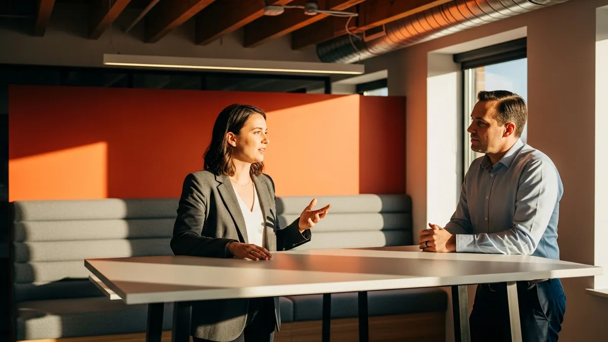 Hiring manager and recruiter scoping a data governance analyst req at a standing table