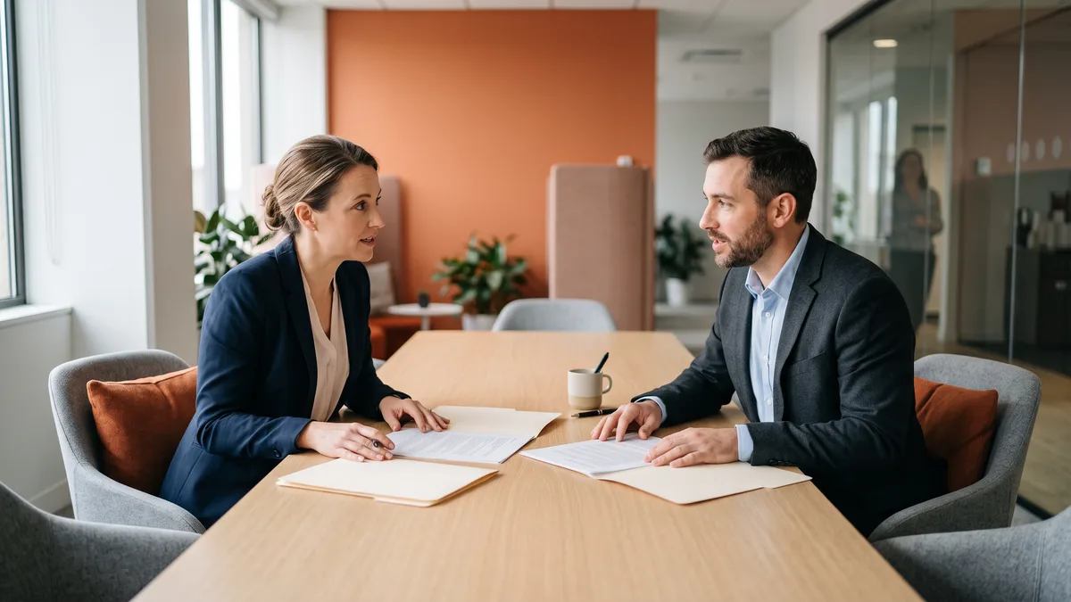 Hiring manager and recruiter reviewing an EDI analyst requisition and printed candidate materials across a conference table