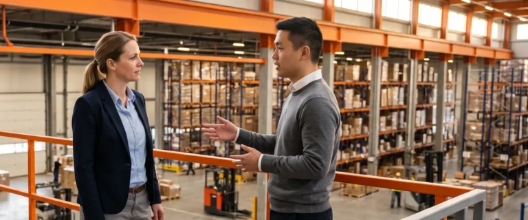 Supply chain and IT leaders talking on a distribution center mezzanine while planning an EDI analyst hire