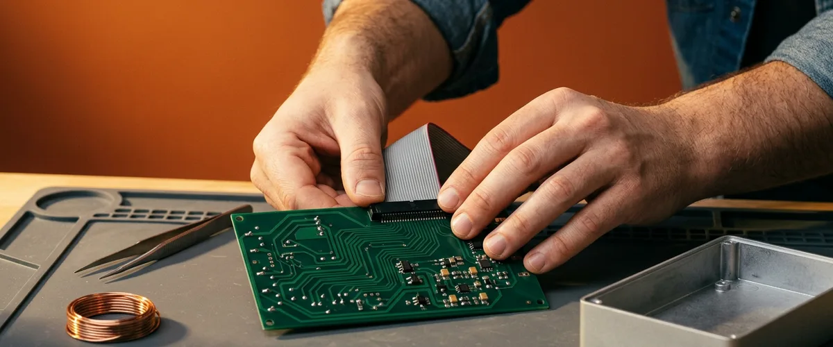 Engineer seating a ribbon cable connector onto a bare printed circuit board at an electronics workbench, illustrating how to hire an embedded software engineer in 2026