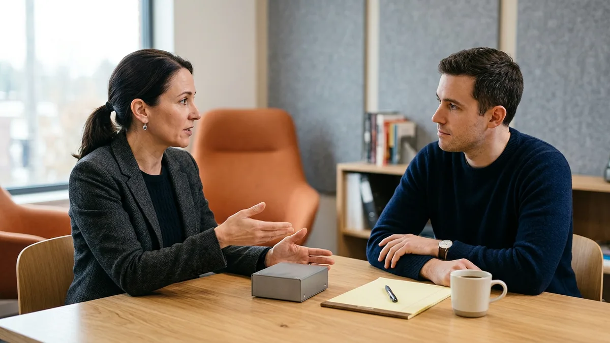 Hiring manager and engineering leader discussing an embedded device enclosure across a table while scoping an embedded software engineer requisition