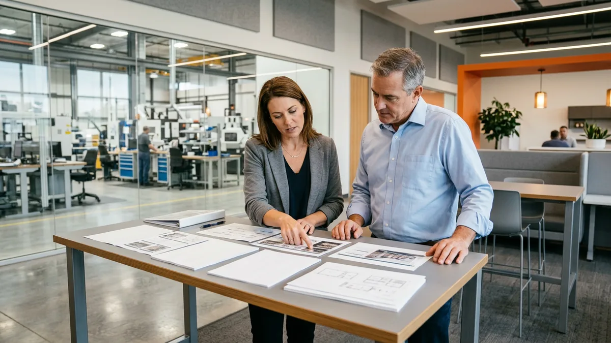 Hiring manager and IT lead reviewing an Epicor consultant job description beside a manufacturing floor