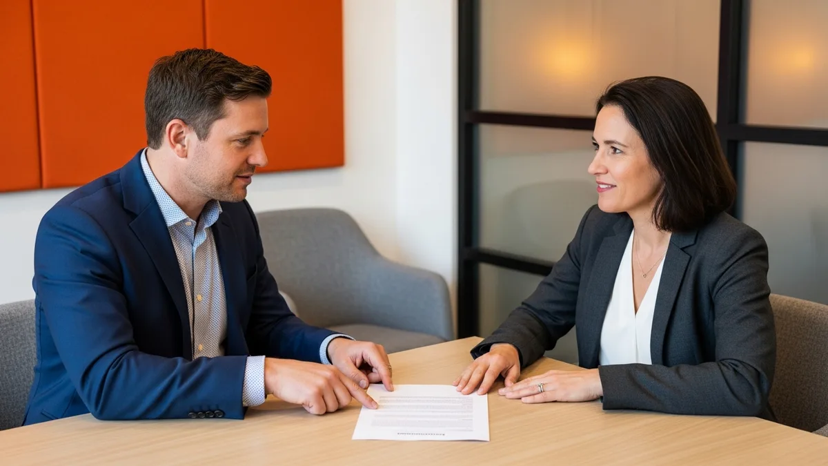 Hiring manager and data engineering lead discussing an ETL developer role across a meeting table