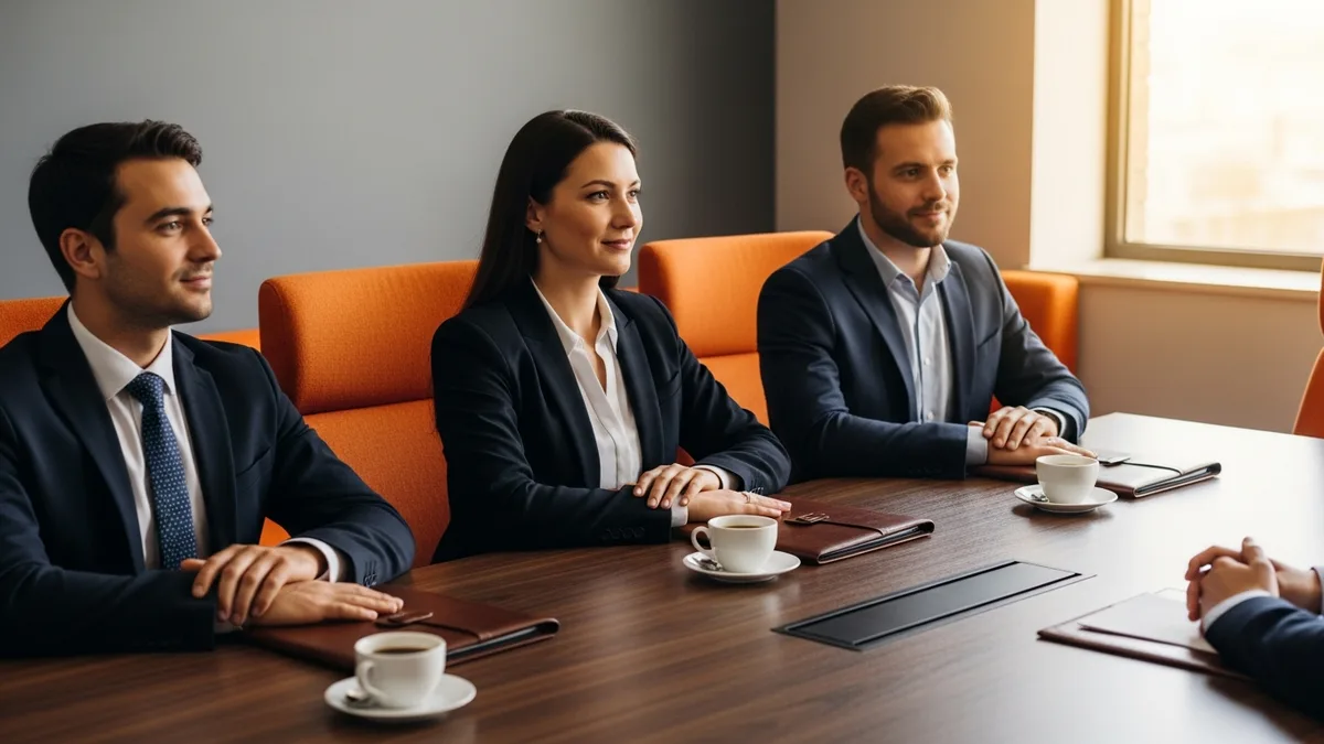 Three interviewers seated at a conference table evaluating an ETL developer candidate