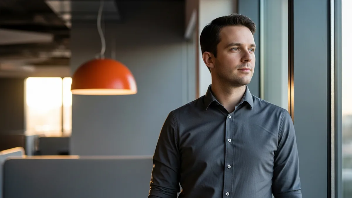 Senior ETL developer standing beside an office window, responsible for pipeline orchestration and on-call