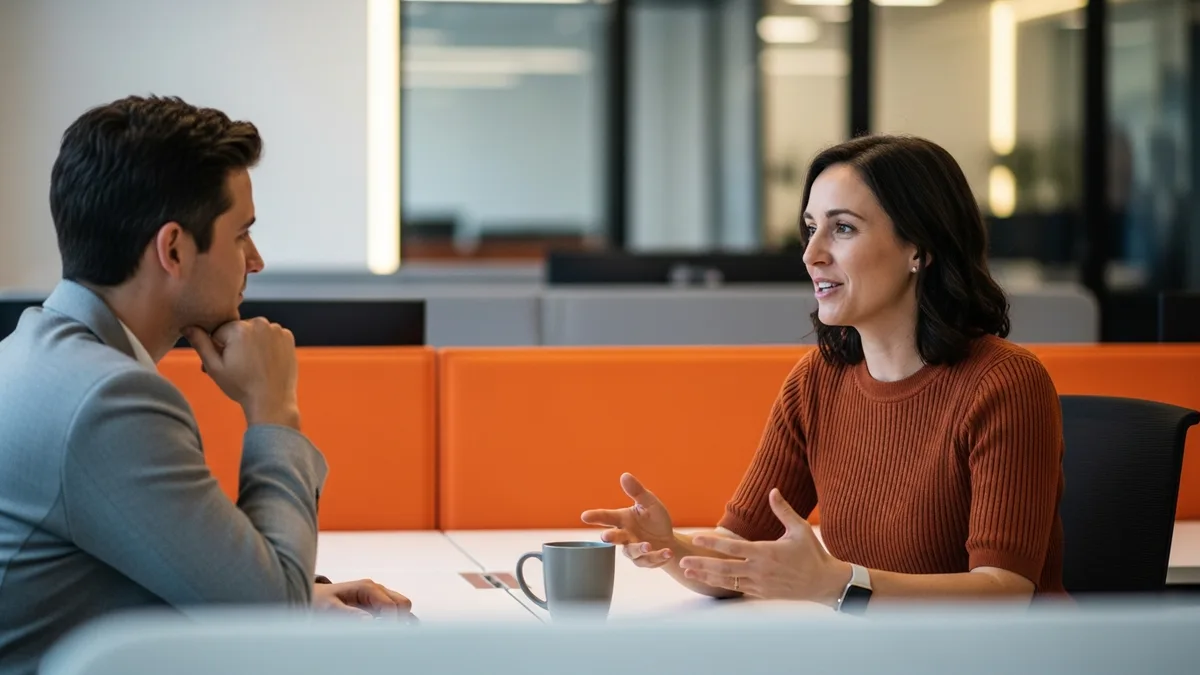 Two hiring stakeholders seated at a desk discussing growth product manager scope and compensation bands