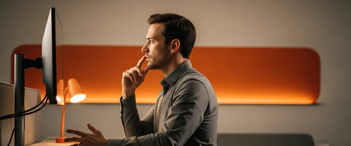 Growth product manager standing at a desk thinking through an experiment plan in a modern office