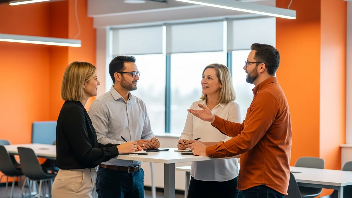 Cross-functional growth pod of four people in a standing huddle beside an orange accent wall