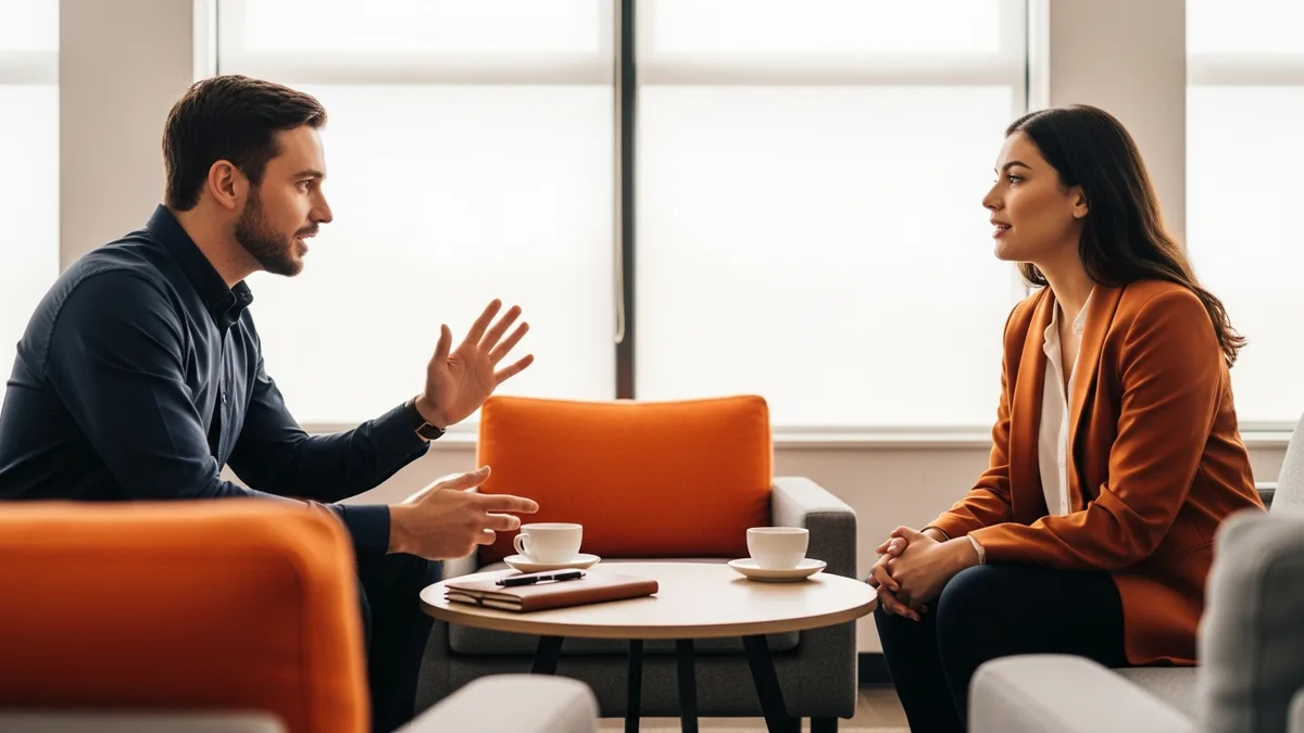 Hiring manager and growth product manager candidate talking across a small table during an intake conversation