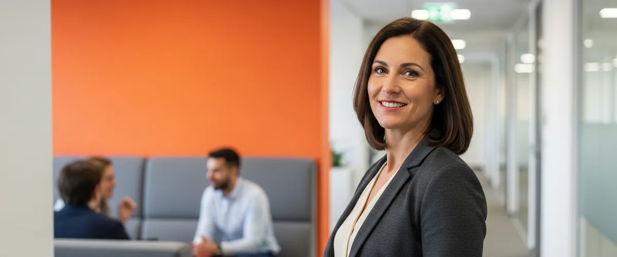 Senior head of analytics standing in a modern office with an orange accent wall