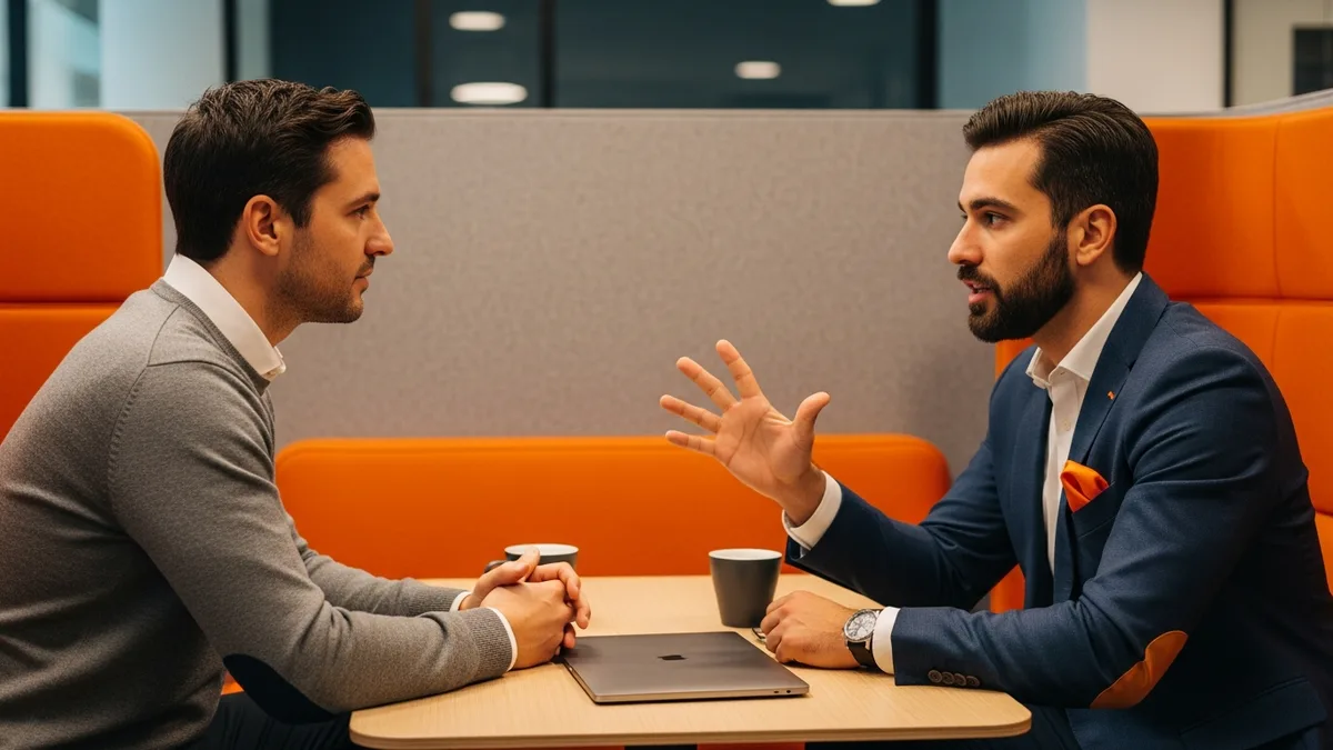 Hiring manager and head of analytics candidate talking across a table during an intake conversation