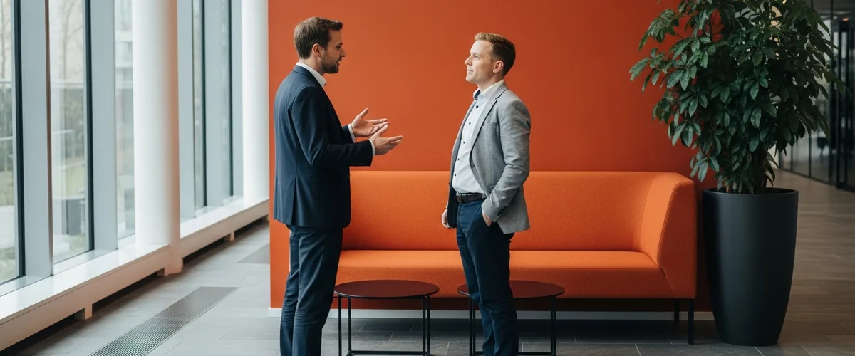 Hiring manager and technical recruiter discussing an IAM engineer search in a corporate lobby