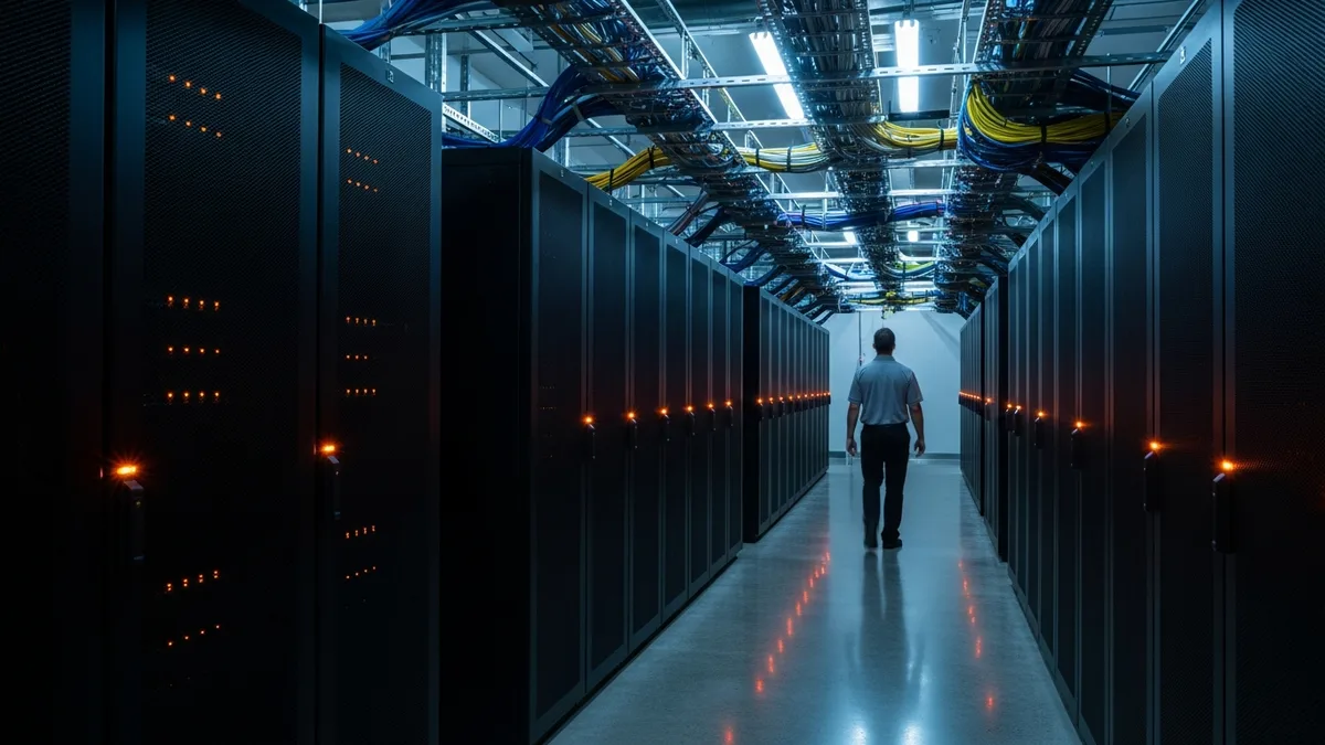 Technician walking a data center aisle where machine identities and service accounts are managed
