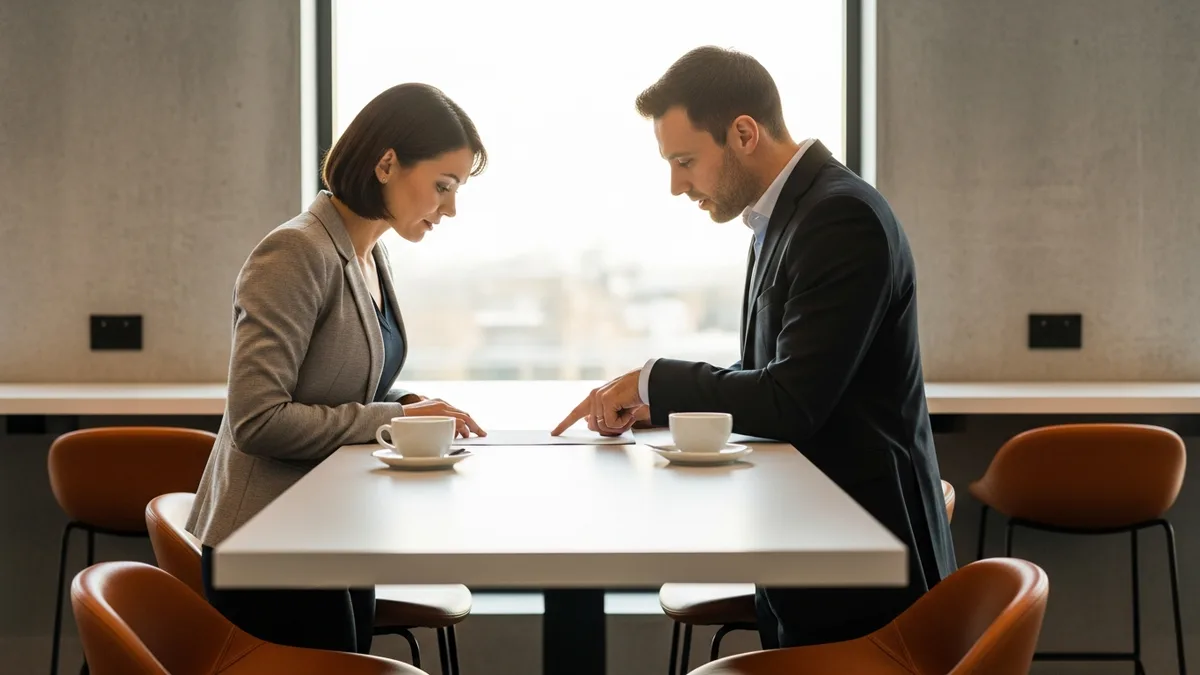 Two executives reviewing an IAM engineer offer decision at a standing table