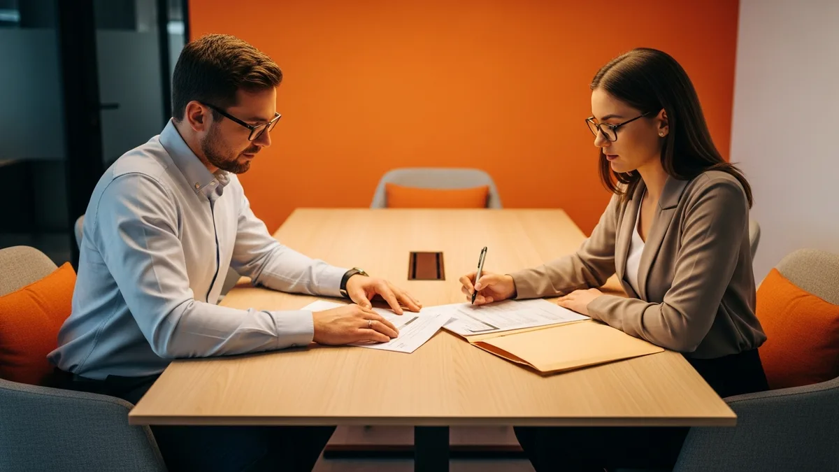 Hiring manager and recruiter scoping an IAM engineer req over printed notes at a conference table