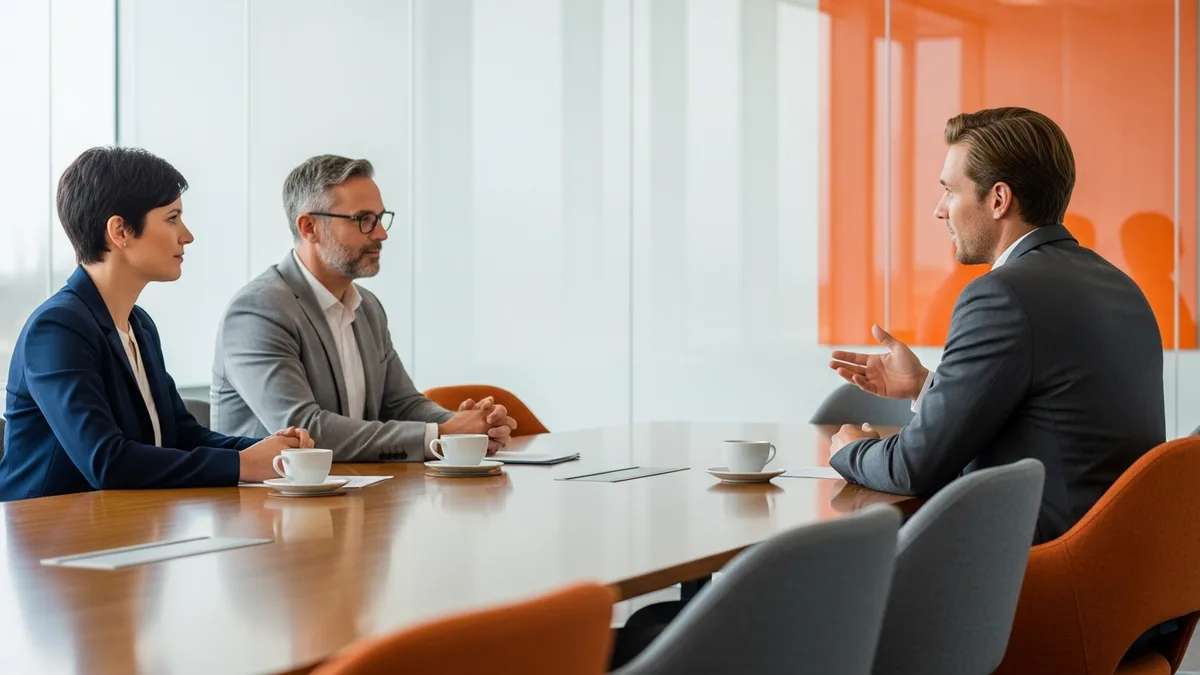 Interview panel questioning an IAM engineer candidate about identity governance in a conference room