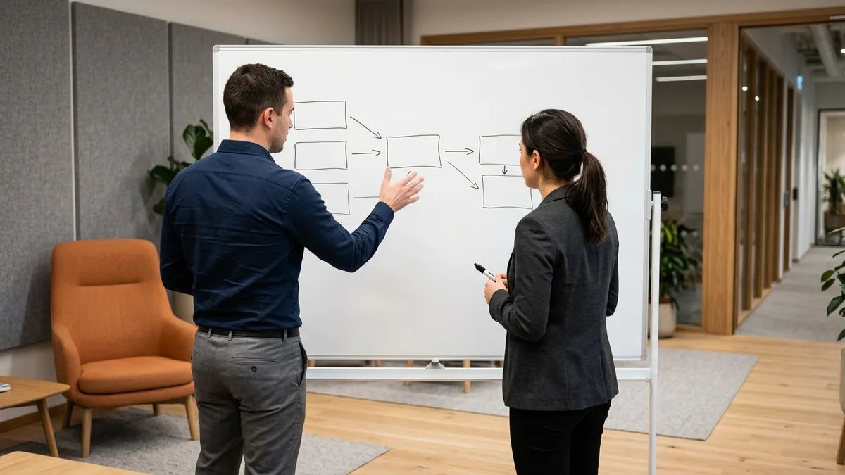 Two engineers mapping an integration message flow on a whiteboard during a duplicate delivery incident review