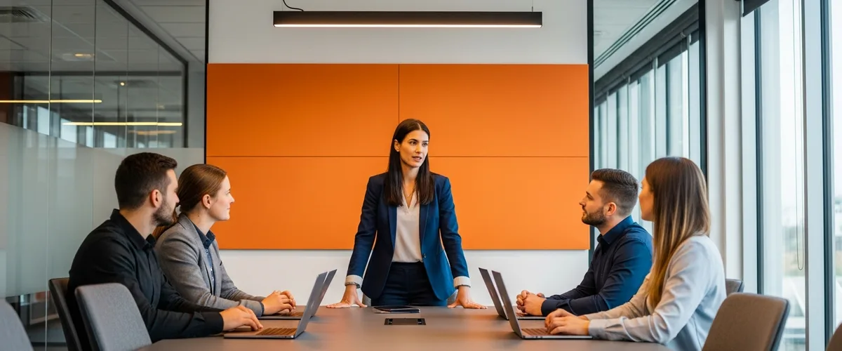 Hiring manager leading an IT project manager scoping meeting with the project team in a conference room