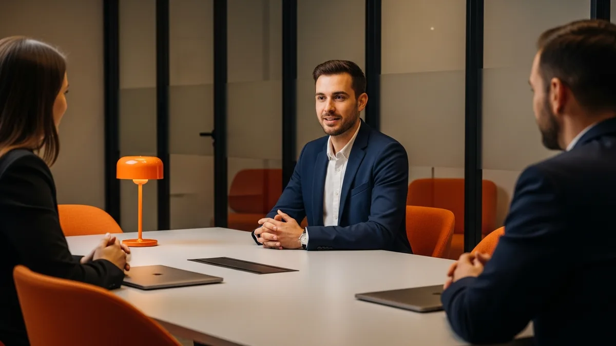 IT project manager candidate interviewing with a two-person hiring panel in a glass-walled meeting room