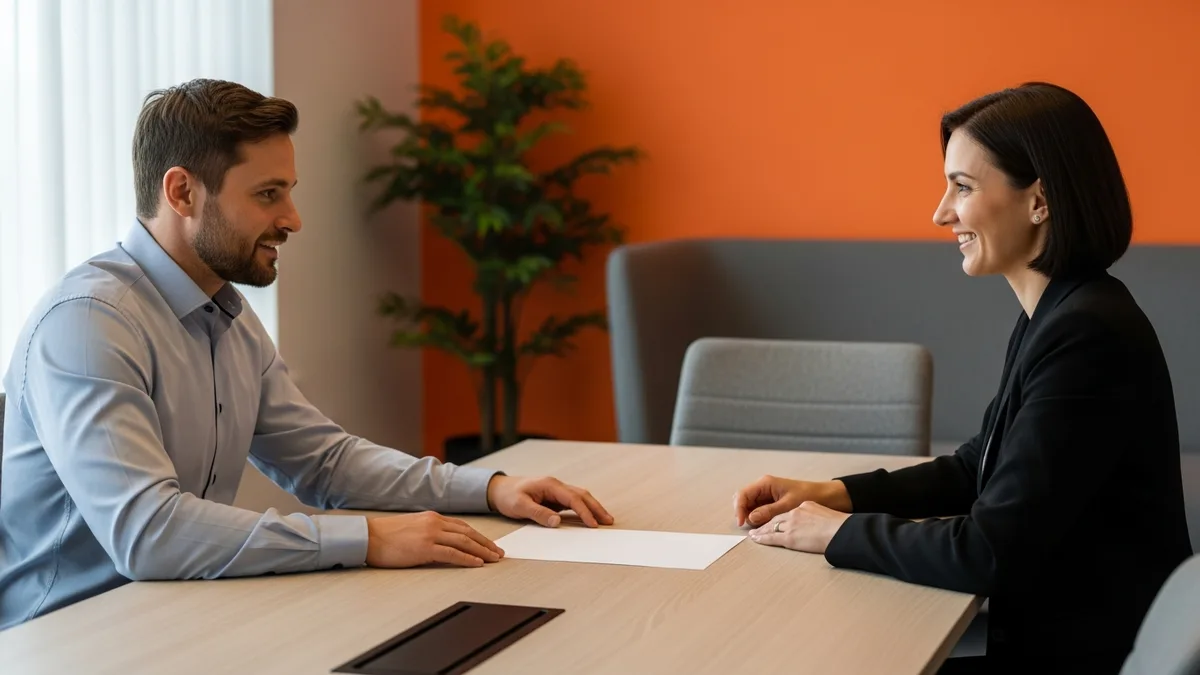 Hiring manager and recruiter reviewing an IT project manager scope memo at a conference table
