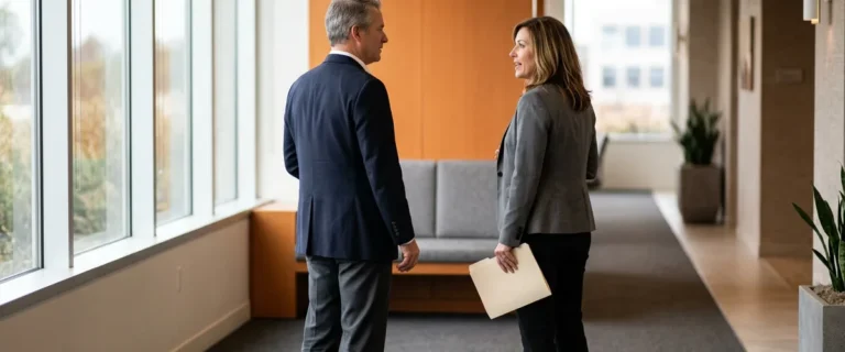 Two business leaders in a modern office corridor discussing how to hire an Oracle EBS consultant in 2026