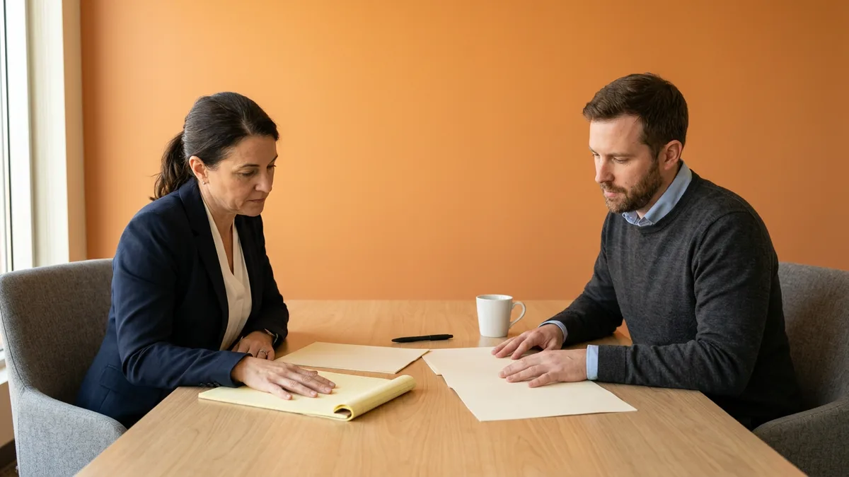 Finance director and IT lead reviewing printed notes while scoping an Oracle EBS consultant requisition