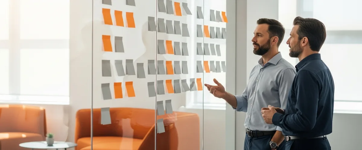 Two colleagues discussing a product planning wall of sticky notes while scoping a product operations manager hire