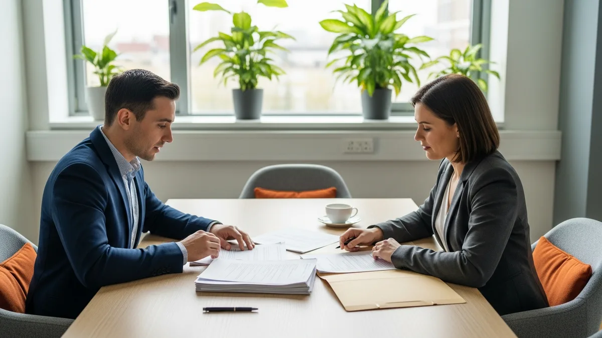 Hiring manager and recruiter reviewing printed candidate documents across a conference table during a product operations intake call