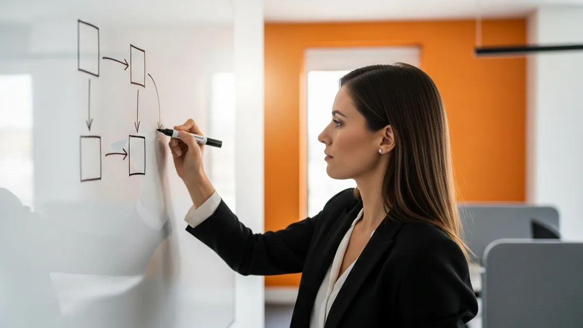 Product operations manager drawing a workflow of connected boxes and arrows on an office whiteboard