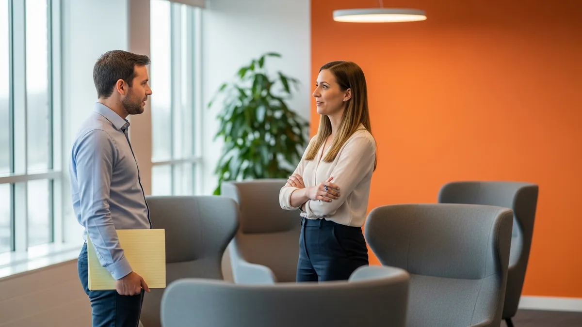 Two product leaders standing in an office lounge discussing the scope of a product operations manager role
