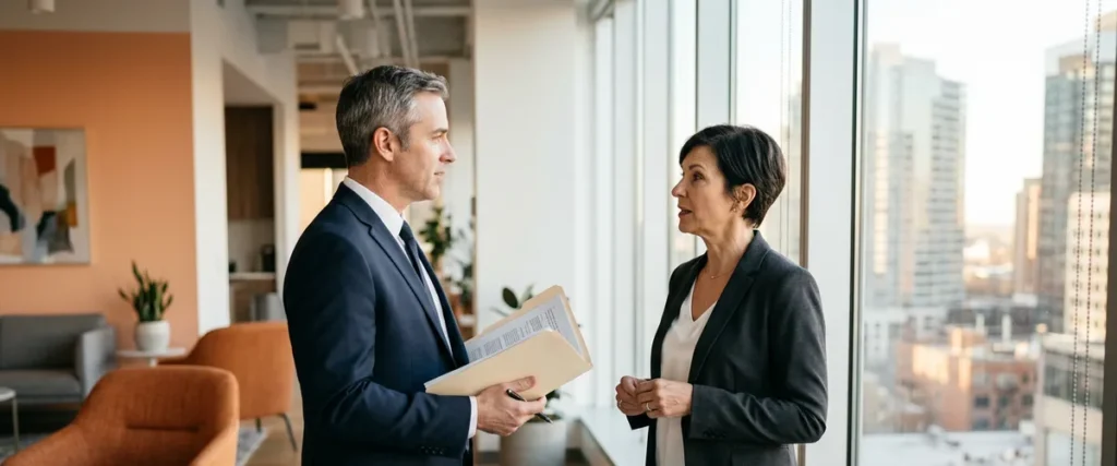 Finance director and hiring manager talking beside an office window while planning a Sage Intacct consultant hire