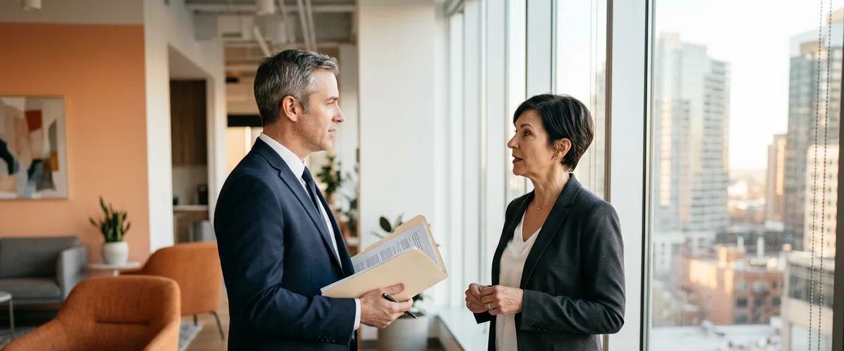 Finance director and hiring manager talking beside an office window while planning a Sage Intacct consultant hire