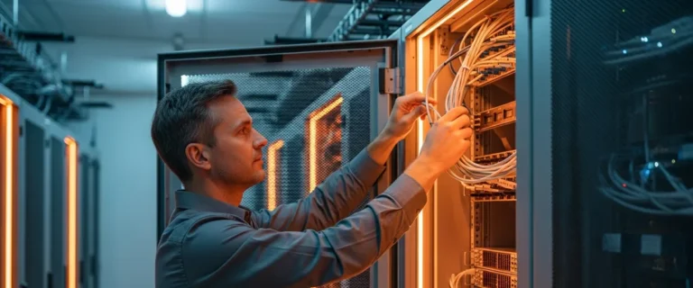 SAP Basis administrator securing network cabling inside an open server rack