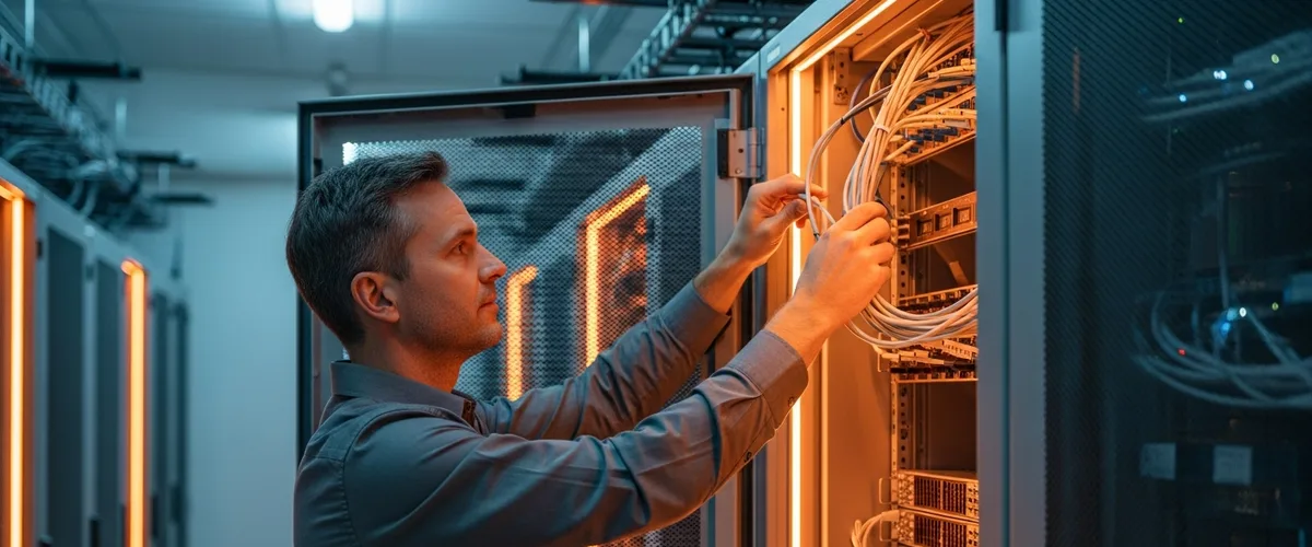 SAP Basis administrator securing network cabling inside an open server rack