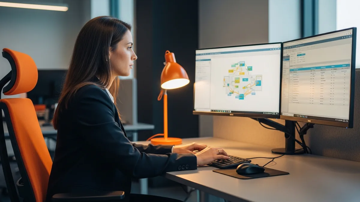 SAP Basis administrator reviewing transport queue and system landscape data on dual monitors