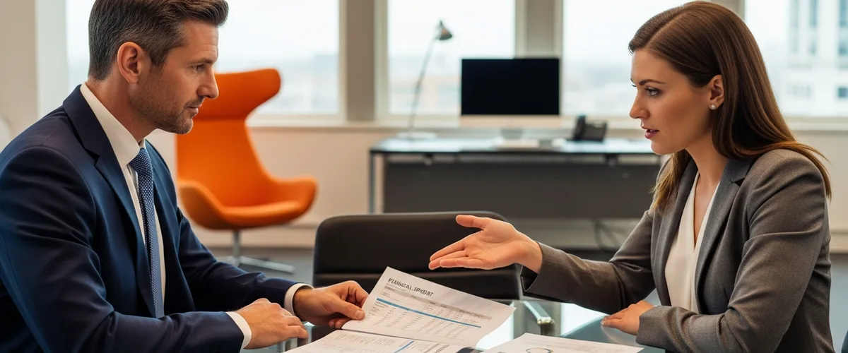 Finance director and SAP FICO consultant reviewing a financial report during a hiring discussion