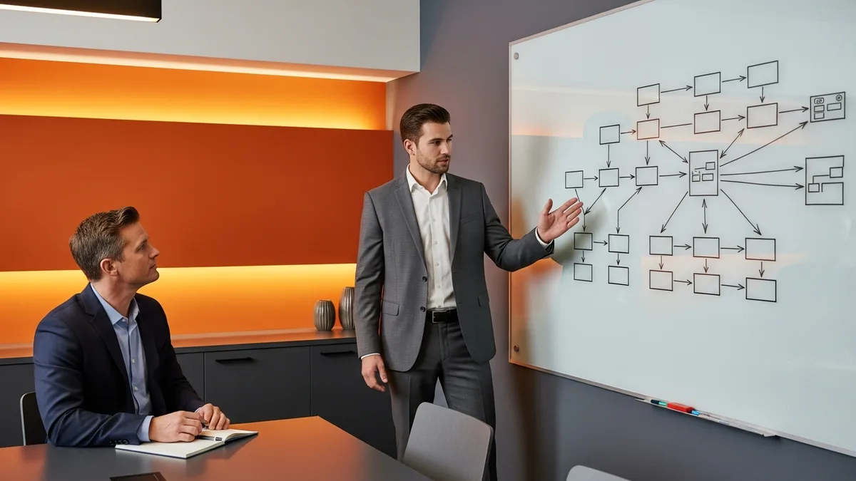 Hiring manager and SAP FICO consultant candidate at a whiteboard during a technical screening interview