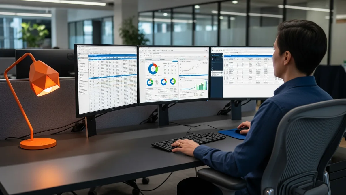 SAP FICO consultant reviewing S/4HANA Universal Journal financial dashboards at a multi-monitor workstation