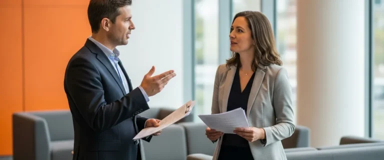 Two colleagues discussing an SAP S/4HANA consultant hiring plan in a modern office lobby