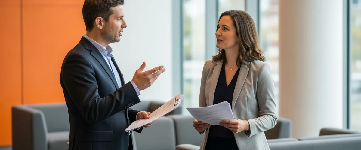 Two colleagues discussing an SAP S/4HANA consultant hiring plan in a modern office lobby