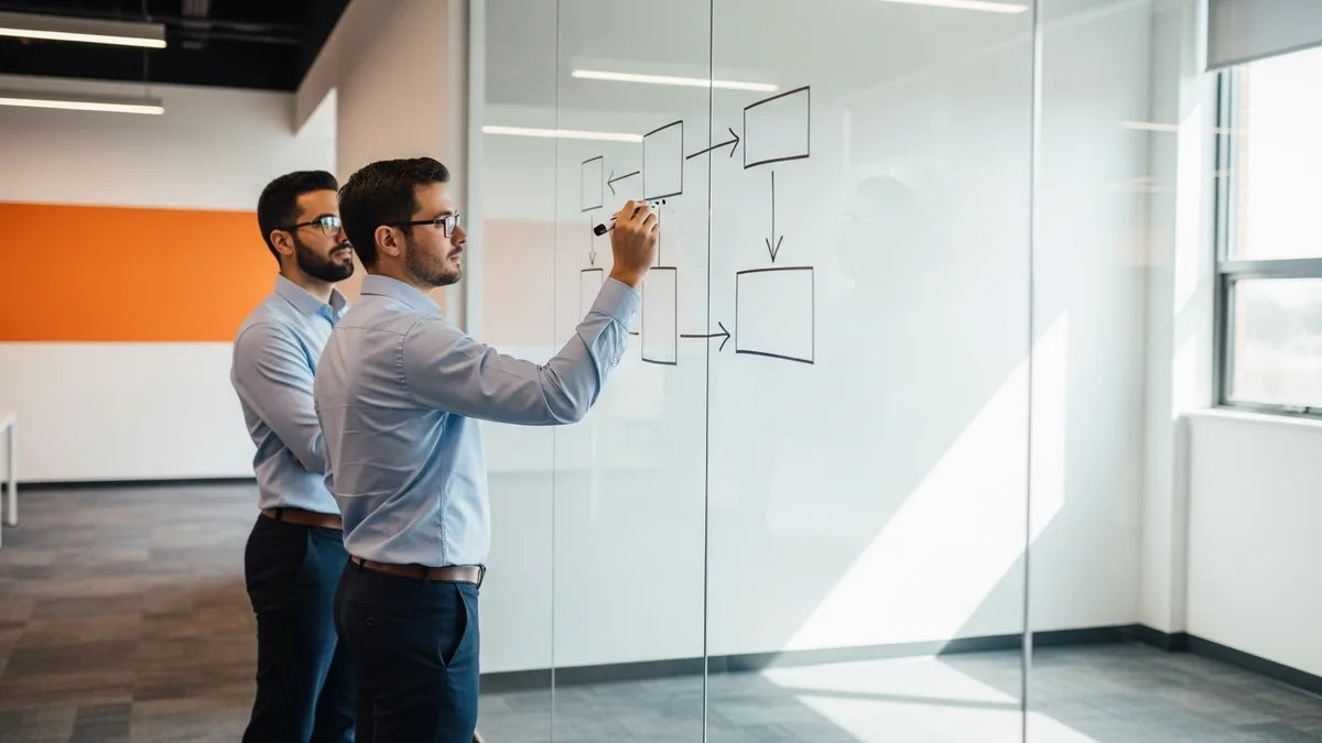 SAP consultants mapping brownfield versus greenfield S/4HANA conversion paths on a glass wall