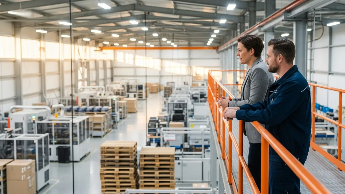 SAP program lead and plant manager reviewing supply chain processes during an S/4HANA conversion