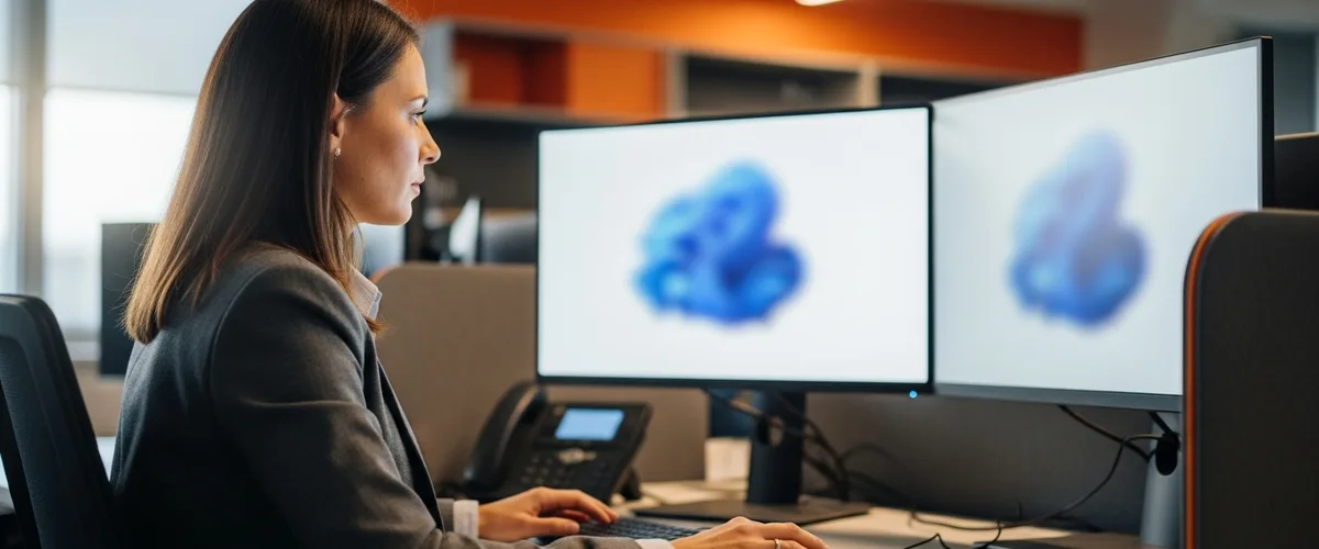 ServiceNow administrator managing a live platform instance at a dual-monitor workstation in an enterprise IT office