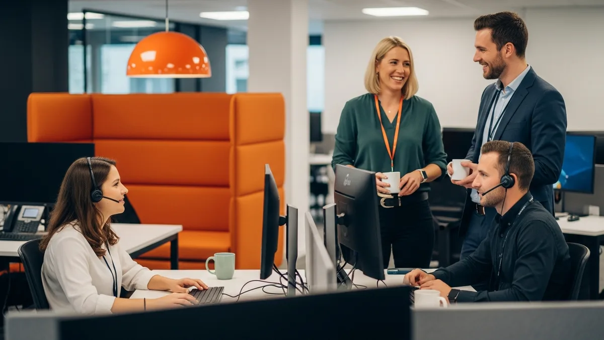 IT service desk team collaborating in an open-plan office bay, a common internal pipeline for ServiceNow administrators