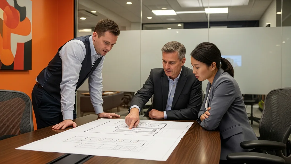 Three IT team members reviewing a printed ServiceNow upgrade and release plan at a conference table