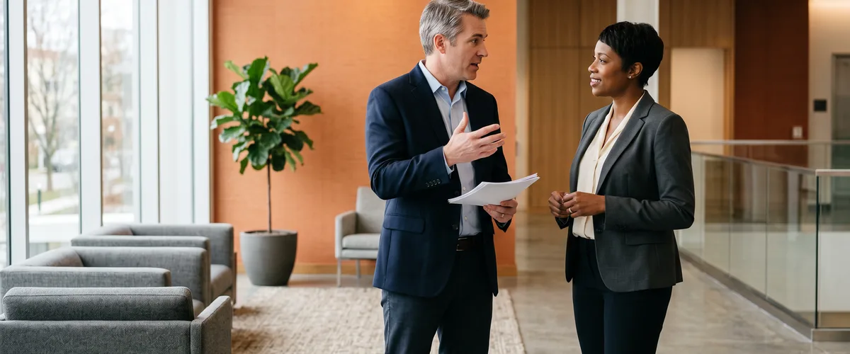 Two business colleagues discussing a Workday HCM consultant hire in a modern office lobby