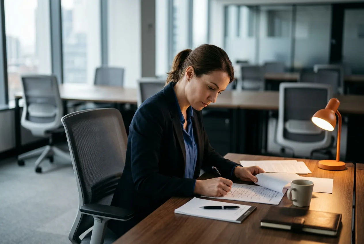 Contract specialist working at one occupied desk in a quiet, mostly empty office during a company hiring freeze
